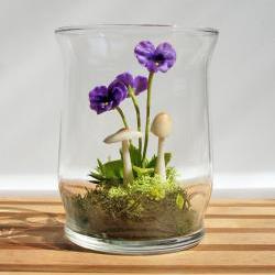Tiny Purple Pansy Woodland Terrarium in Repurposed Glass