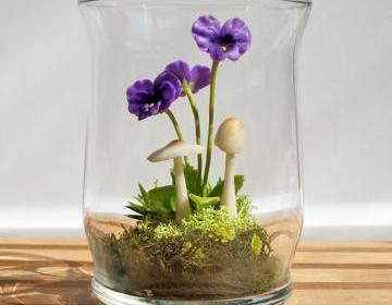 Tiny Purple Pansy Woodland Terrarium in Repurposed Glass
